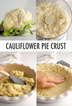 cauliflower pie crust is being made in a pan and then topped with butter