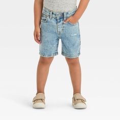 These Button-Front Denim Shorts from Cat & Jack™ are a must-have in your little one's wardrobe. The low-rise shorts are made from midweight cotton with a hint of spandex to keep your child in flexible comfort that moves with them, and the denim wash with classic stitched detailing and distressed accents adds a cool look to their outfit. The adjustable waistband with a snap button front and belt loops offers a secure fit, while the multiple pockets provide space for their tiny essentials. Cat & J Boys Denim Shirt, Baby Denim Shirt Boy, Baby Boy Jean Shorts, Utility Denim Shorts, Short Length, Infant Boy Jeans, Low Rise Shorts, Straight Fit Jeans, Toddler Boy Outfits, Pair Of Pants