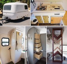 four different pictures show the inside of a camper, including an oven, stove and sink