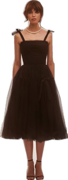 Formal Voluminous Tulle Dress, Formal Voluminous Tulle Skirt Dress, Party Dresses With Bow Straps And Tulle Material, Formal Tulle Tea-length Dress, Formal Tulle Dress With Voluminous Skirt, Tulle Dresses With Bow, Elegant Tulle Midi-length Evening Dress, Elegant Midi Length Tulle Evening Dress, Party Midi Dress With Bow Straps