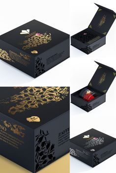 the packaging design is designed to look like it has gold and black designs on it