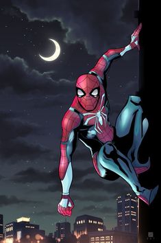 spider - man flying through the air in front of a full moon and cityscape