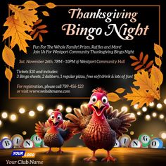 a flyer for a thanksgiving dinner with two turkeys on the table and lights in the background