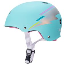 a blue helmet with an abstract design on the front and side, sitting on a white background