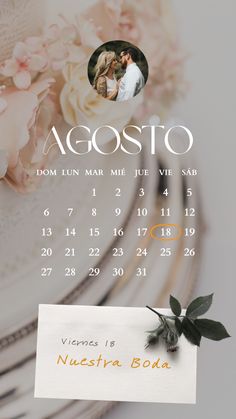 a calendar with a rose on it and a note attached to the front cover that says agosto