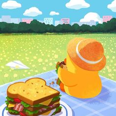 a cartoon character sitting at a picnic table with a sandwich in front of him,