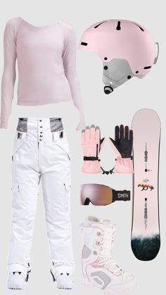 a snowboarder's outfit is shown with skis, gloves and helmet