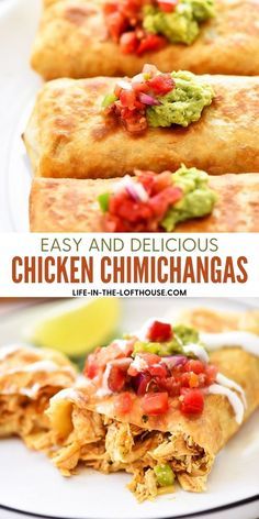 easy and delicious chicken chimichangas with guacamole sauce on top