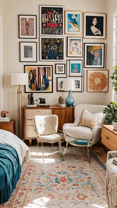 a bedroom with many pictures on the wall