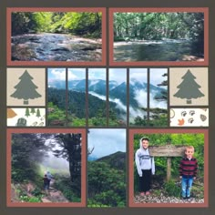 a collage of photos with trees and mountains in the background, including a river