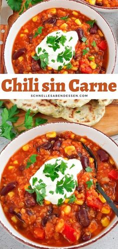 two bowls filled with chili and corn soup