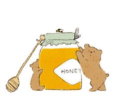 two bears are standing next to a jar of honey