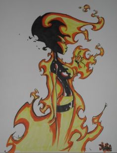 a drawing of a woman with flames on her body