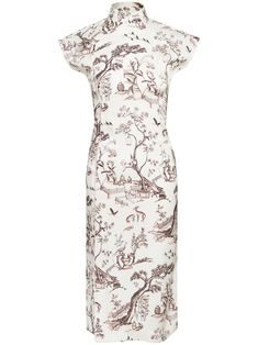 white/dark red mulberry silk all-over graphic print side slit mock neck off-centre front button fastening short sleeves fitted waistline mid-length straight hem Shanghai Tang, Silk Wrap Dresses, Qipao Dress, City Dress, Silk Print Dress, Silk Midi Dress, Cotton Midi Dress, Pink Maxi Dress, Blue Midi Dress