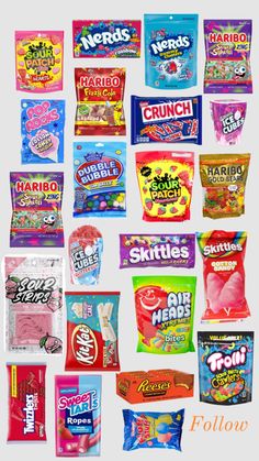 a collage of various candy bags and their names