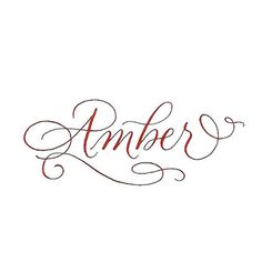 the word amber written in cursive writing on a white paper with red ink