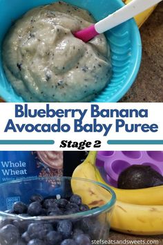 blueberry banana avocado baby pure is in a bowl and next to bananas