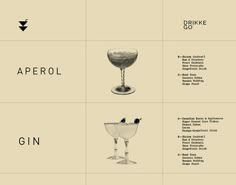 the menu for aperol gin is shown in black and white, with different drinks