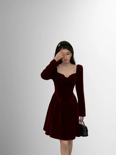 Olivia Mark - Flattering Waist-Enhancing Evening Dress Gown Semi Formal Dresses Elegant, Burgundy Winter Dress Short, Short Burgundy Long Sleeve Dress, Dark Red Dress Short Long Sleeve, Burgundy Dress Outfit, Burgundy V-neck Mini Dress For Formal Occasion, Burgundy A-line Mini Dress For Evening, Short Sleeve Long Dress, Burgundy Shorts