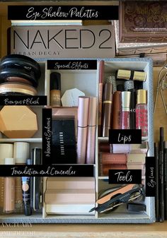 an open drawer with makeup and cosmetics labeled in black text that says, eye shadow palettes?