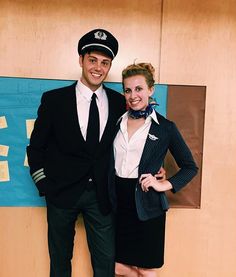 a man and woman dressed in airline uniforms