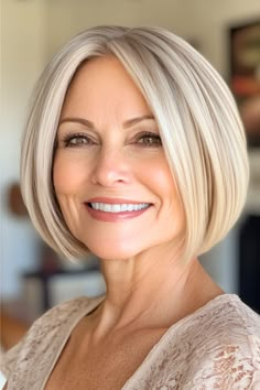 Blonde Bob Haircut on a smiling older woman with blonde hair. 2025 Hair Trends Women Over 50, Hair Bobs Medium, Short Haircuts For Fine Flat Hair, Short Haircut For Fine Hair, Blonde Hair Hairstyles, Grey Hairstyle, Short Hair Fringe, Hairdo Ideas, Short Haircuts For Older Women