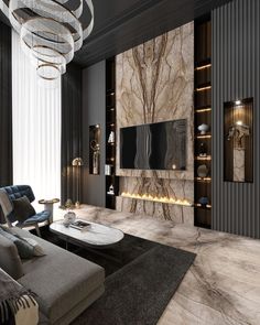 an elegant living room with marble walls and flooring