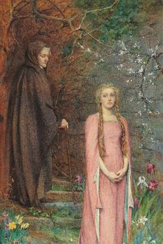 a painting of two people standing next to each other in front of trees and flowers