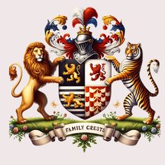 a family crest with two lions and one tiger