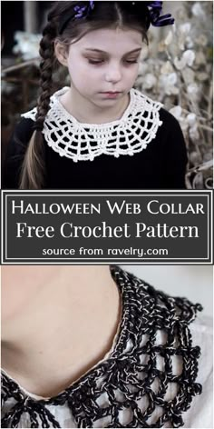 a girl wearing a black and white crochet necklace with the words halloween web collar free crochet pattern