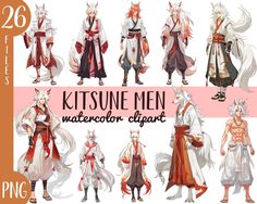 some anime characters are standing together in different outfits and poses, with the caption reads kitsune men watercolor - clipart