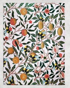 an intricately designed wallpaper with fruit and leaves