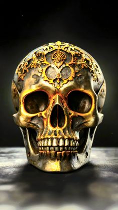 a gold and silver skull sitting on top of a table