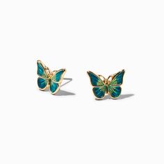 Blue & Green Butterfly Stud Earrings, Green Butterfly Earrings, Green Earrings Aesthetic, Stud Aesthetic, Blue Green Butterfly, Weird Earrings, Butterfly Clothes, Green Stud Earrings, Colorful Stud Earrings, Teal Butterfly