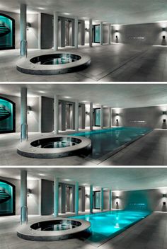 the inside of a building with a swimming pool