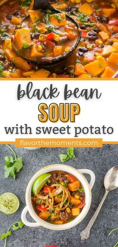 black bean soup with sweet potato in a white bowl on a gray background and text overlay that reads, black bean soup with sweet potato