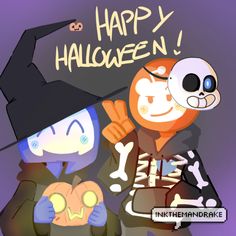 two cartoon characters wearing halloween costumes and holding pumpkins with the caption happy halloween