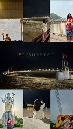 the collage shows people standing around and sitting on benches near water, in front of a bridge