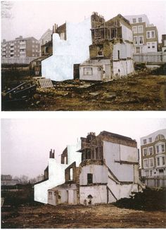 two pictures of an old building in the middle of some sort of town with no roof