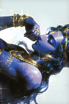 a woman with blue hair and gold jewelry laying on her stomach in front of a white background