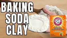 a hand holding a wooden spoon over a bowl of baking soda clay with the words baking soda clay on it