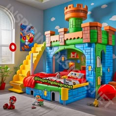 a child's bedroom with a castle bed and toys