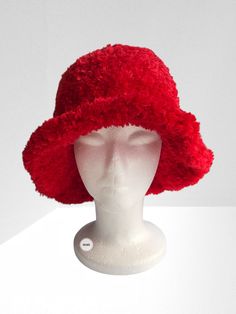 Faux Fur Handmade Crochet Hat, Red Winter Hat,  Fur Beret with a Bow, Plush Bucket Hat, Bucket Hat for Ladies, Knitted Hat, Gift her Get ready for the colder months with our chic and bold bucket hat. It's crafted from faux fur fluffy yarn. ⦿ Lightweight and durable ⦿ Fluffy design ⦿ Soft top and brim Fashion bucket hat is made of faux fur plush  yarn. Soft and very comfortable It's lightweight and foldable for easy storage or for taking on the go while traveling This hat is suitable for all seas Red Brimmed Costume Hat One Size, Warm Red Winter Hat, Red Brimmed Mini Hat, Red Brimmed Mini Hat, One Size Fits Most, Red Adjustable Christmas Hat, Adjustable Red Christmas Hat, Red Wide Brim Winter Hat, Adjustable Red Hats For Holiday, Adjustable Red Hat For Holiday