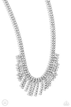 A double-stranded chain of dainty white rhinestones in silver square fittings leads the eye down to a fringe of gems in square fittings that drip in varying lengths down the collar, creating a sparkling display. Features an adjustable clasp closure.

Sold as one individual choker necklace. Includes one pair of matching earrings. White Choker Necklace, White Choker, Lanyard Necklace, Kids Rings, Kids Bracelets, Kids Earrings, Life Of The Party, Paparazzi Accessories, White Necklace