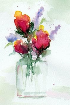 watercolor painting of flowers in a glass vase