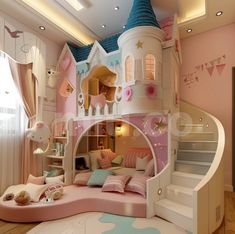 a child's bedroom decorated in pink and white with a princess castle bed on the bottom floor