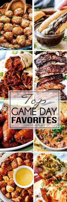 the game day favorites collage includes meat, cheese and other appetizers