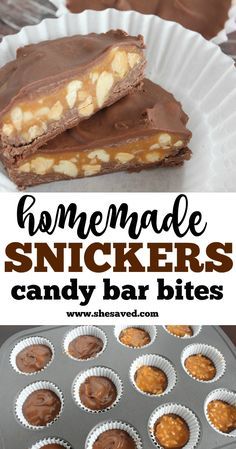 homemade snickkers candy bar bites with chocolate and peanut butter in the middle on top