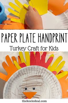 paper plate handprint turkey craft for kids with the title overlay that reads paper plate handprint turkey craft for kids