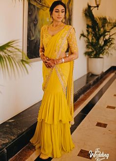 Mustard Ruffle Saree Set Saree Priti Sahni Haldi Outfit For Bride, Ruffled Saree, Haldi Ceremony Outfit, Baju Kahwin, Ruffle Saree, Ready To Wear Saree